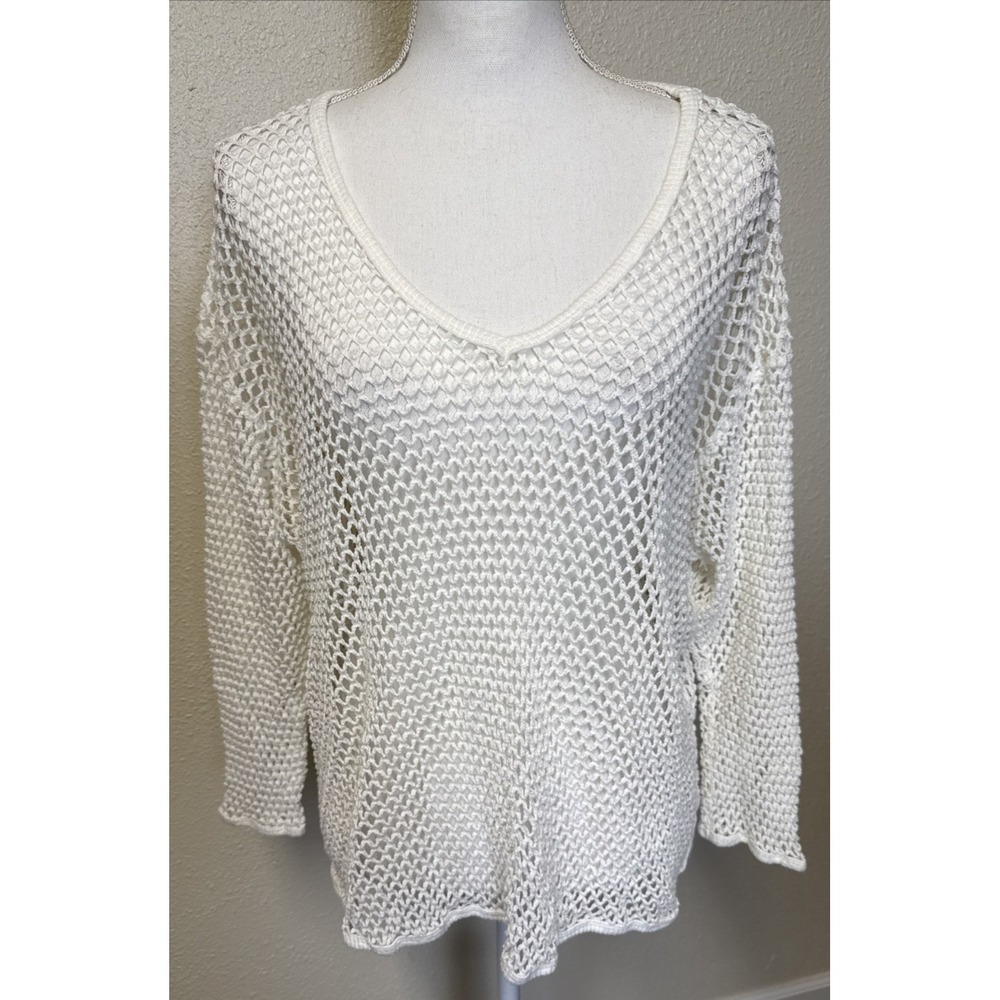 Vtg Open Knit Fishnet Top Beach Cover Up Large White Cotton Swim Festival Summer - Picture 2 of 7